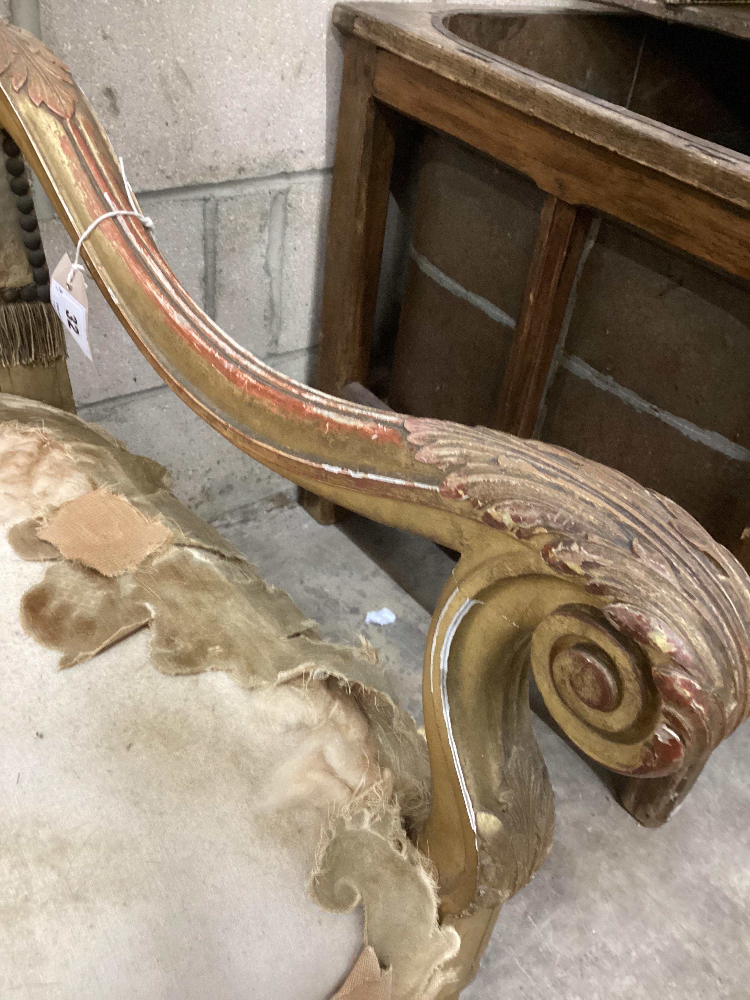 A Louis XIV style carved giltwood armchair, width 66cm, depth 64cm, height 118cm